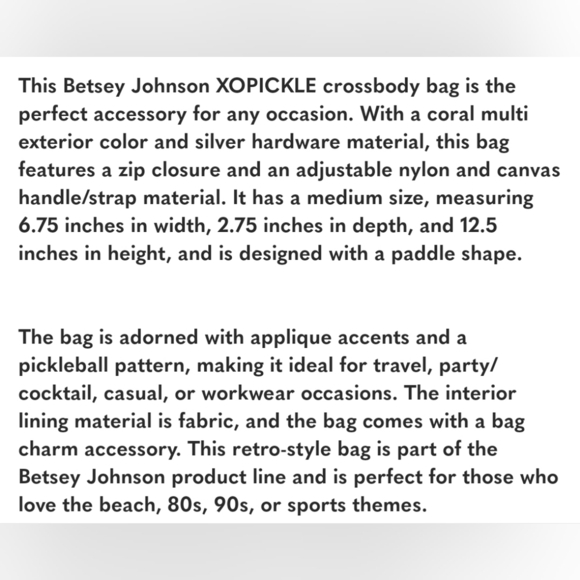 🔹️BETSEY JOHNSON🔹️ XOPICKLE CROSSBODY  SLING BAG PICKLE BALL ✨️🥒 - Picture 7 of 7